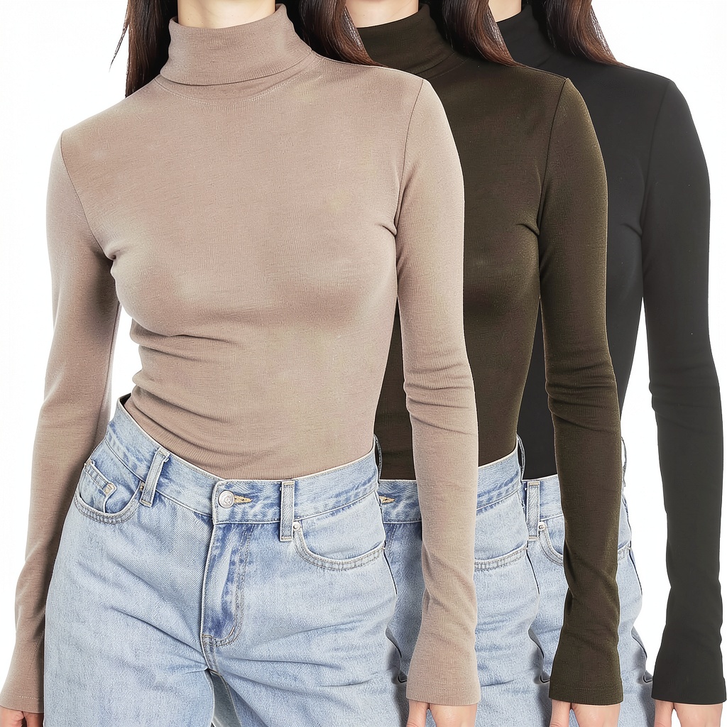 Real-life context showing a model wearing SUNBS women's turtleneck long sleeve shirt in a cozy home setting